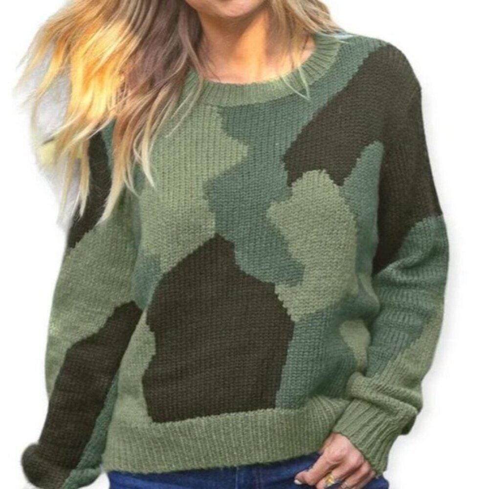 Wooden Ships Women's Brown Camo Wool Blend Pullover Sweater Size L (C-8) - Picture 10 of 11
